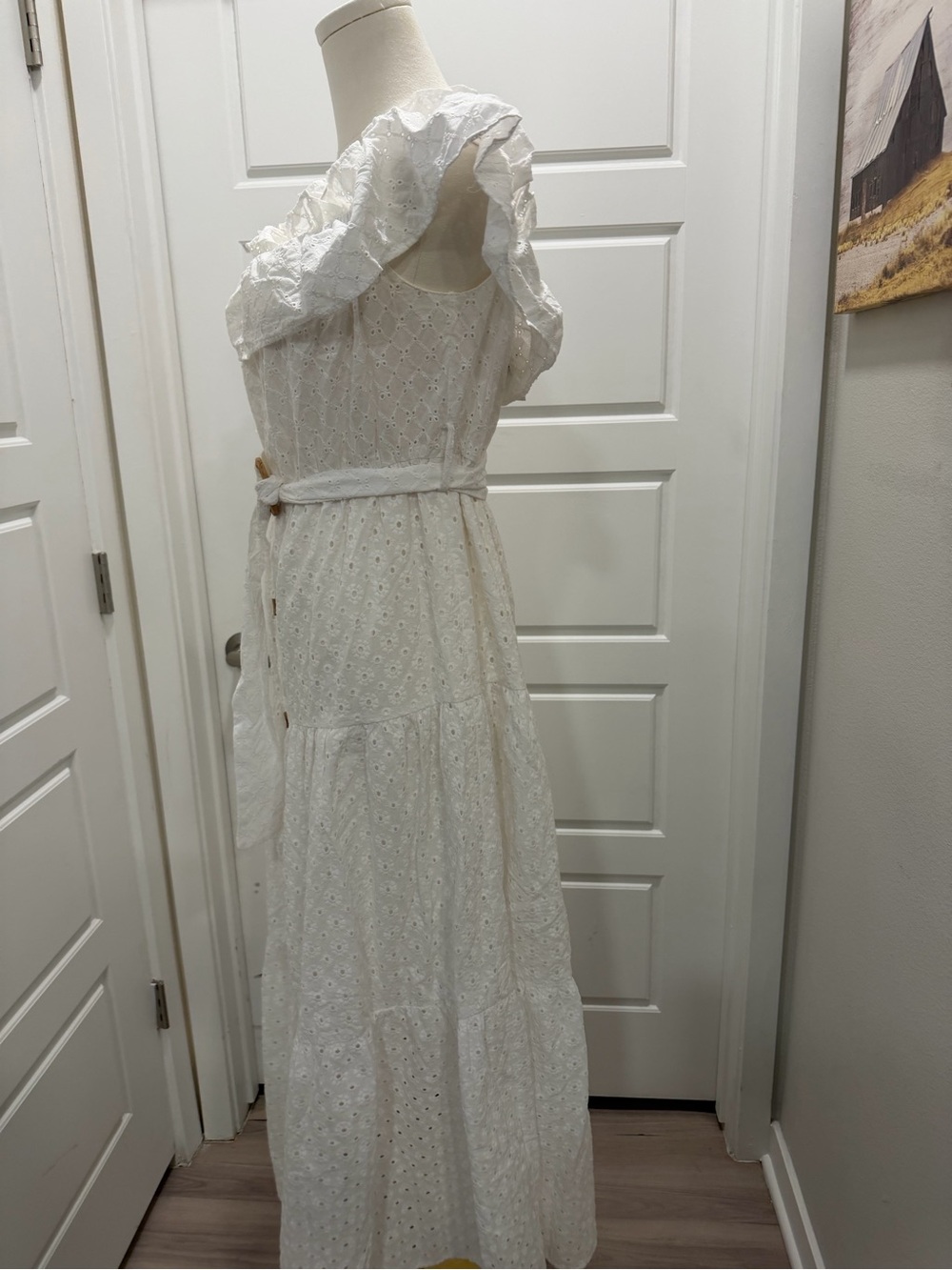 Zara White Eyelet Maxi Dress with Wooden Button Accents - Picture 5 of 10